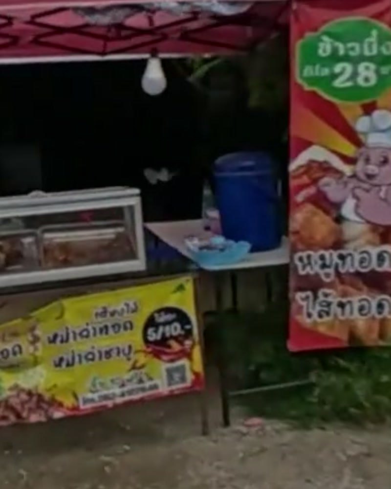 Fried-pork stall beside the pharmacy — San Kamphaeng