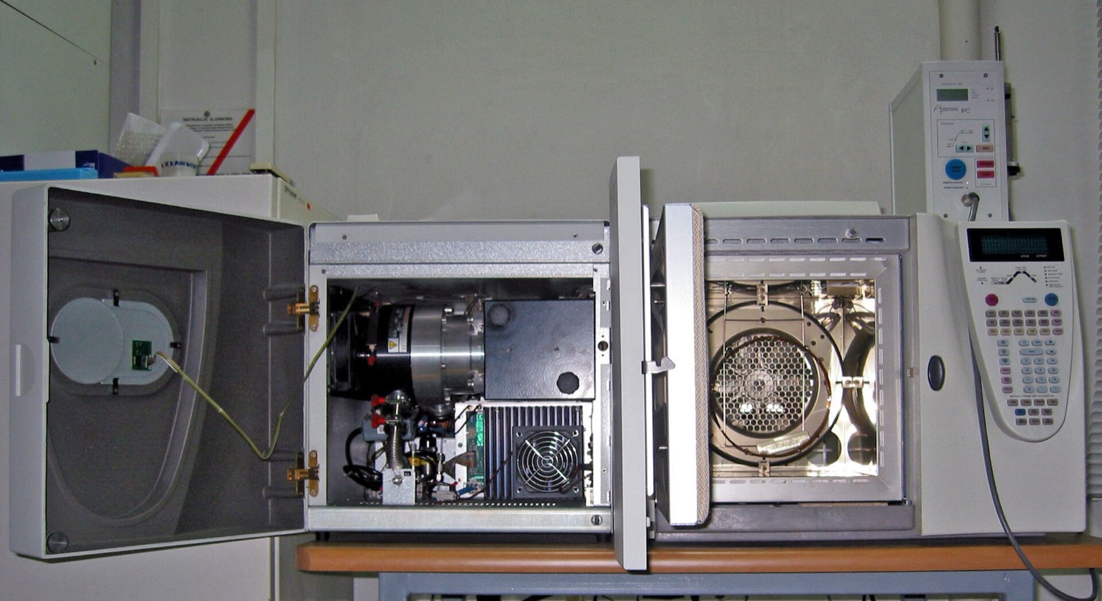 A Thermo GC-MS with its doors open: the GC oven, and beside it the mass spectrometer.