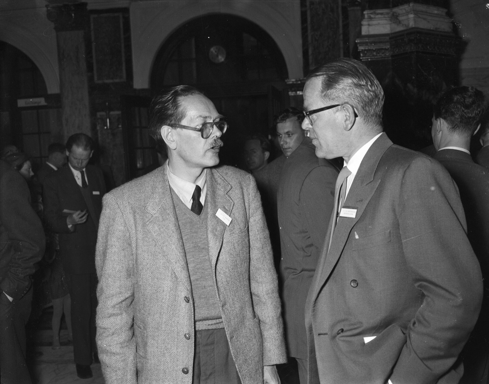 Archer Martin (left), co-inventor of gas chromatography, in Amsterdam, 1958.