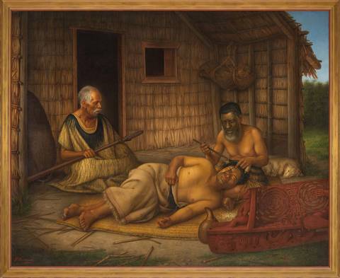 The Tohunga-ta-moko at Work. Painting by Gottfried Lindauer of Māori tattoo (moko) being carved into a man’s face by a skilled tattooist (tohunga-tā-moko).