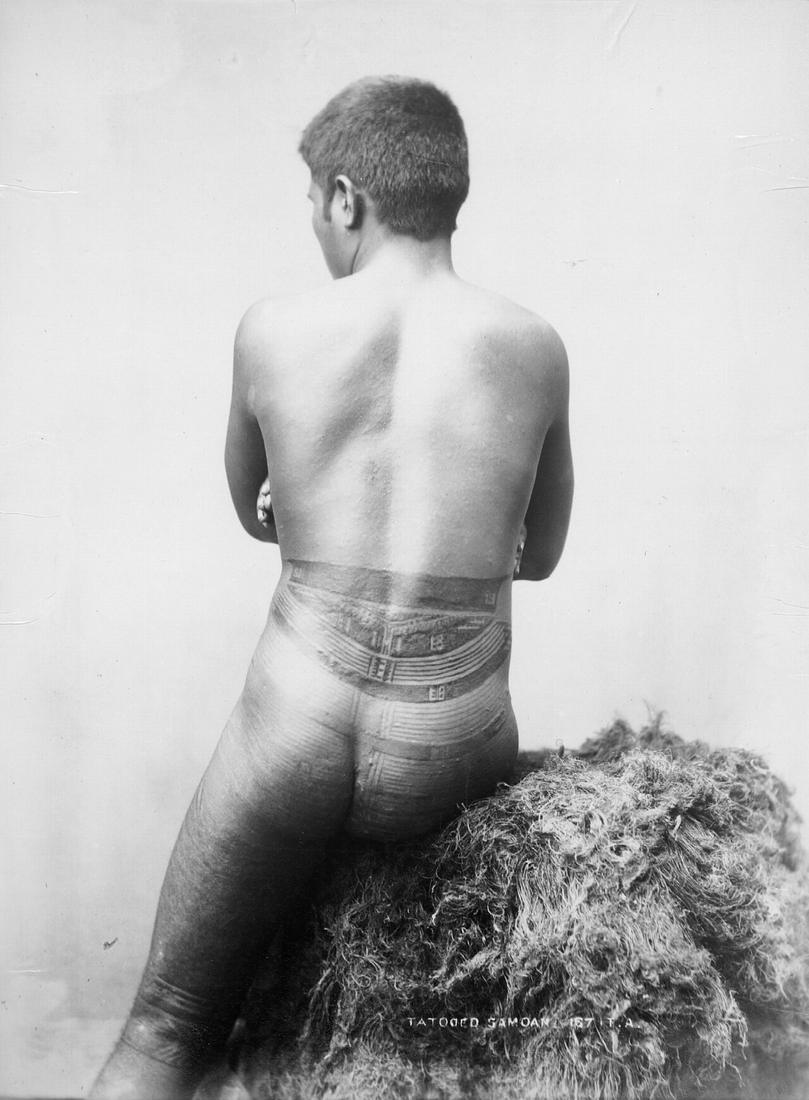 Back view of Samoan male with traditional tattoo (tatau, pe'a).