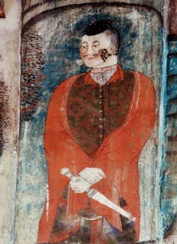 Painting on the eastern pillar of the wall of Wat Phumin in Nan, Thailand, believed to be Chao Anantaworaritthidet, the governor of Nan at the time, but may also be King Suriyaphongpharitdet.