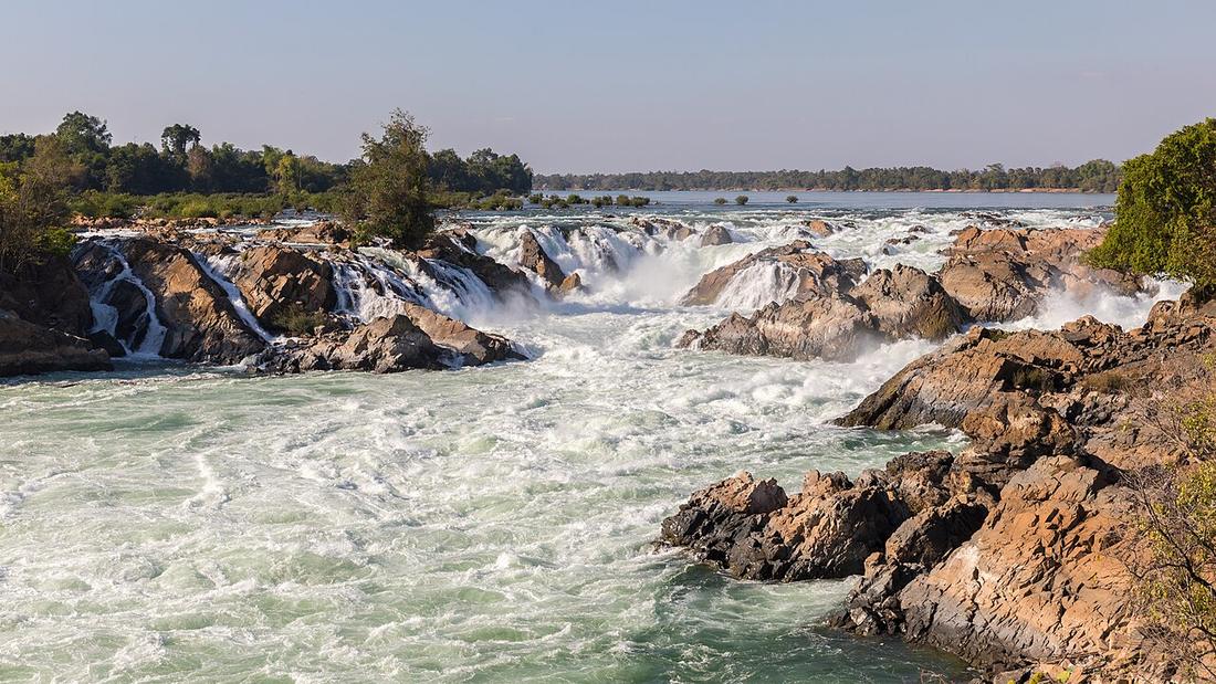 Khone Phapheng Falls, Si Phan Don, Laos. Located on the Mekong River near the border with Cambodia, at 10.7 kilometres (6.6 mi) wide, it is the widest waterfall in the world.