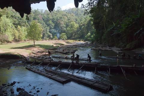 Nam Lod (cave), Tham Lot (cave), Mae Hong Son, Thailand. The Mae Lang River flows through the cave which is filled with stalactites and stalagmites.