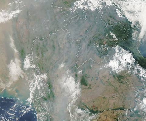 The MODIS (Moderate Resolution Imaging Spectroradiometer) on NASA's Terra satellite captured this hazy view of the city and the surrounding region on April 22, 2026.