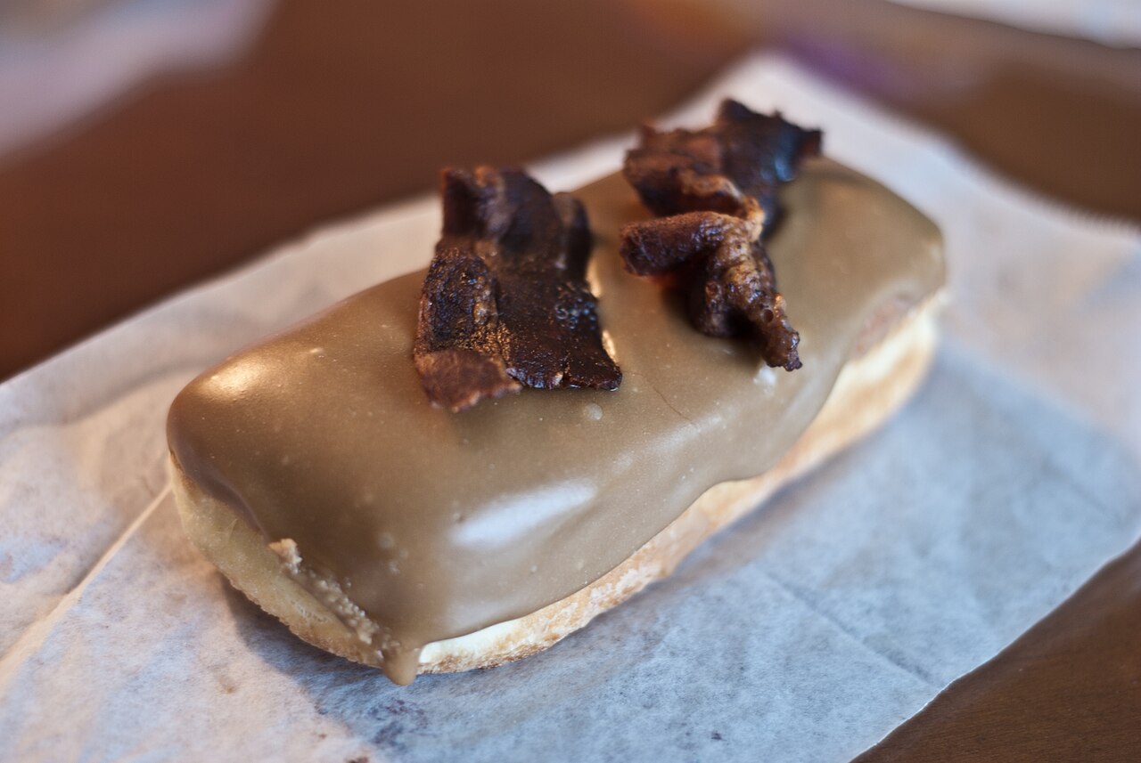 A bacon maple bar from Voodoo Doughnut in Portland, Oregon.
