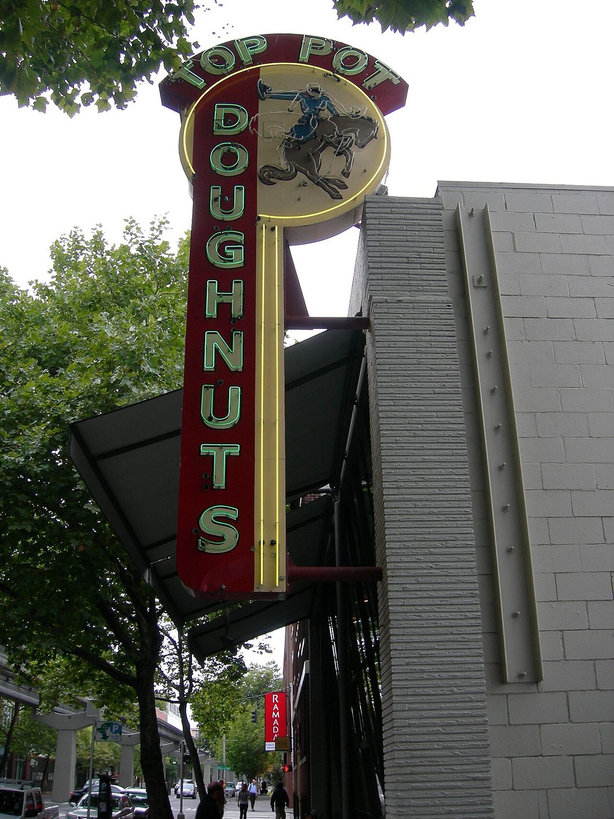 Top Pot (Donut shop / coffeehouse) on Fifth Avenue in Belltown (the north part of downtown), Seattle, Washington. The building was previously the office of an architecture firm.