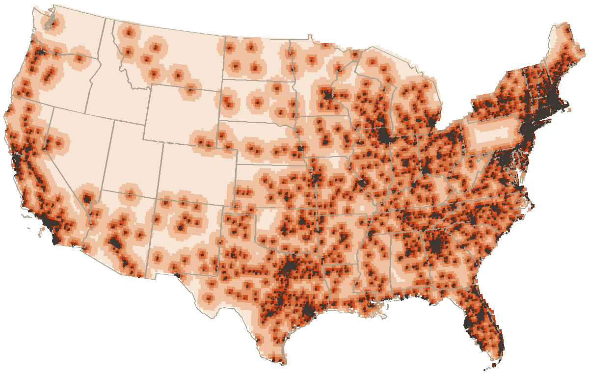 A map of the United States shaded by distance to the nearest donut counter; the eastern seaboard and the Great Lakes run dark, the Great Basin and the high plains pale.