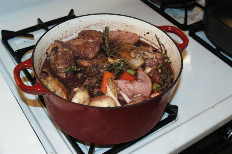 Coq au vin, awaiting cooking.
