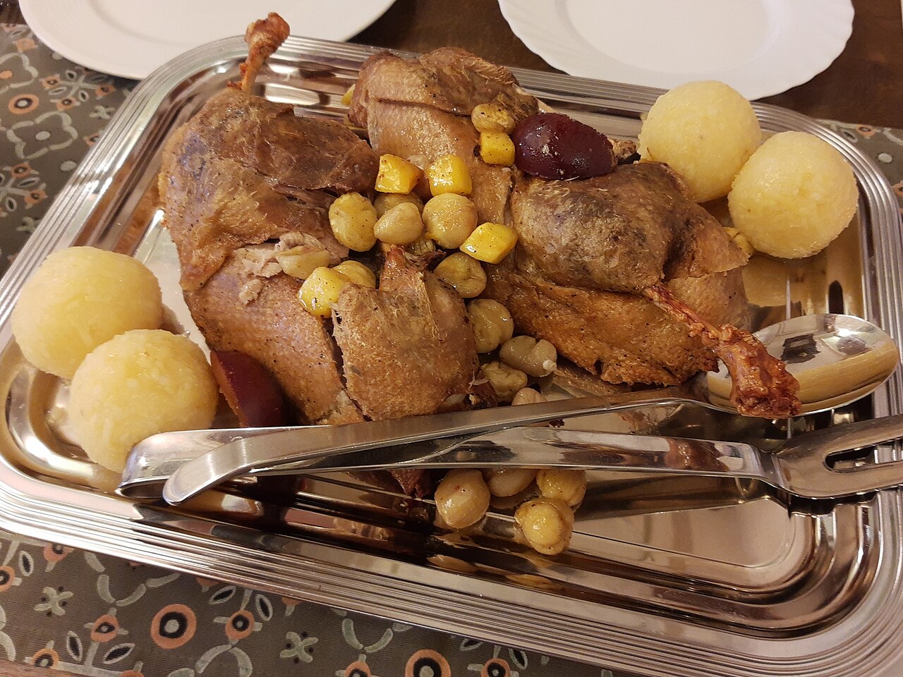 Roasted duck with chestnuts and dumplings, served at Restaurant Agathes, Walluf