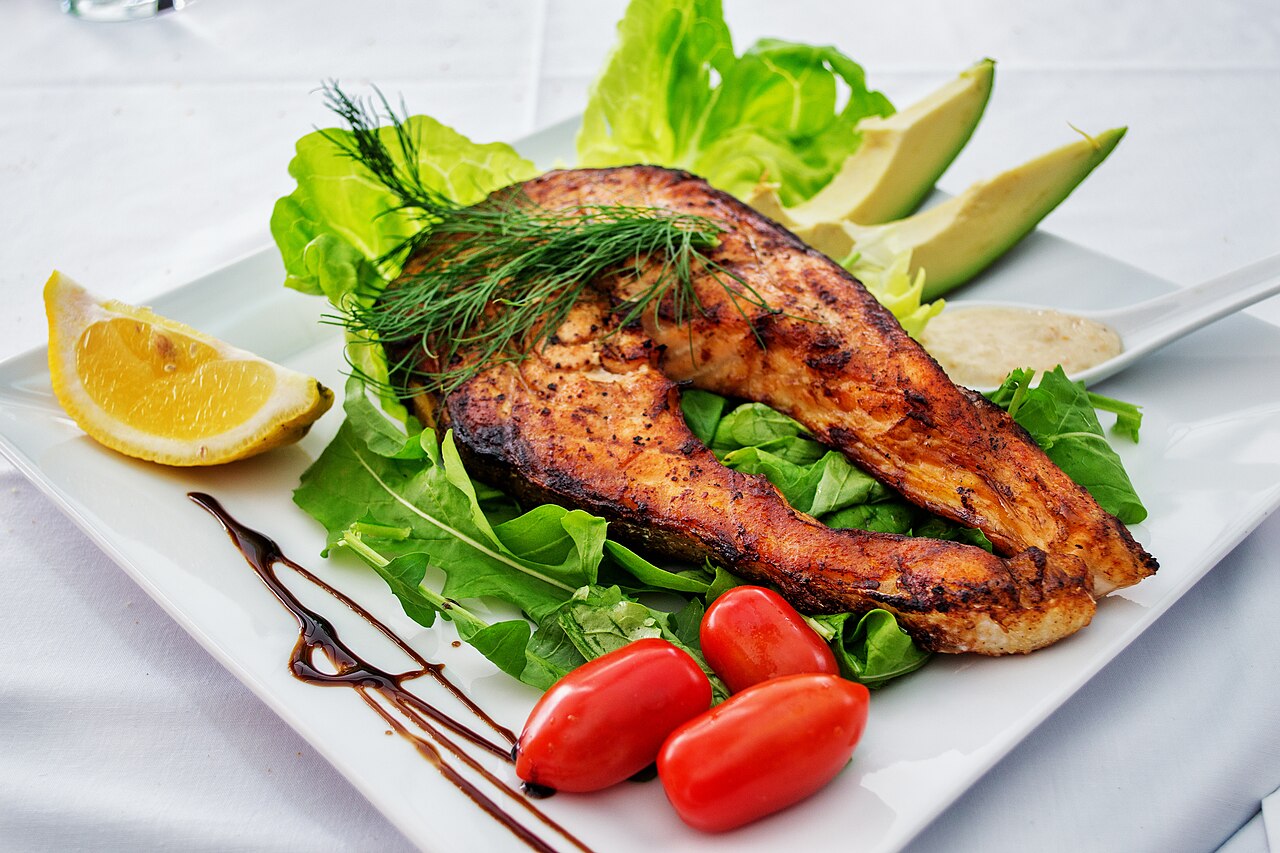 A grilled, plated salmon fillet