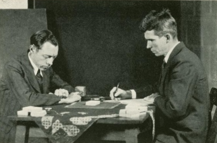 Hubert Pearce and J.B. Rhine at a card test, from Extra-Sensory Perception, 1934.