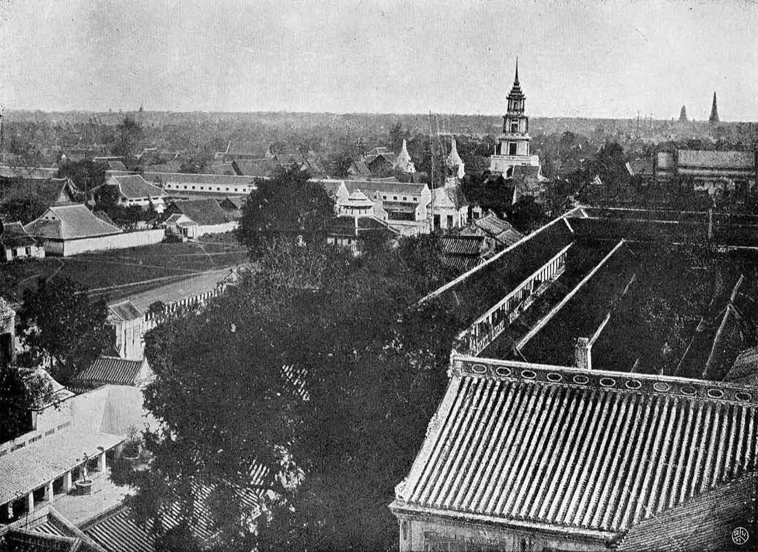 Bangkok's drum tower, four storeys of brick, beside Charoen Krung Road, photographed from the palace clock tower, 1922.