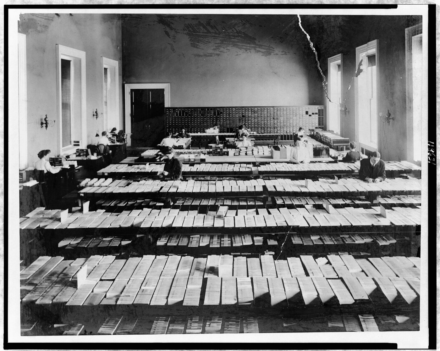 The card division of the Library of Congress, rows of wooden cabinets