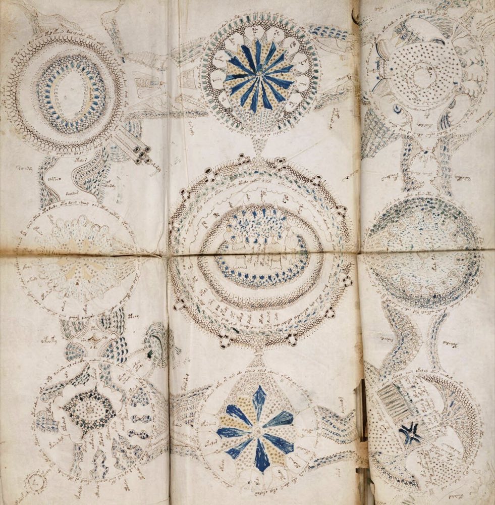 Part of the Rosettes foldout (f85v–f86r), nine circles joined by causeways